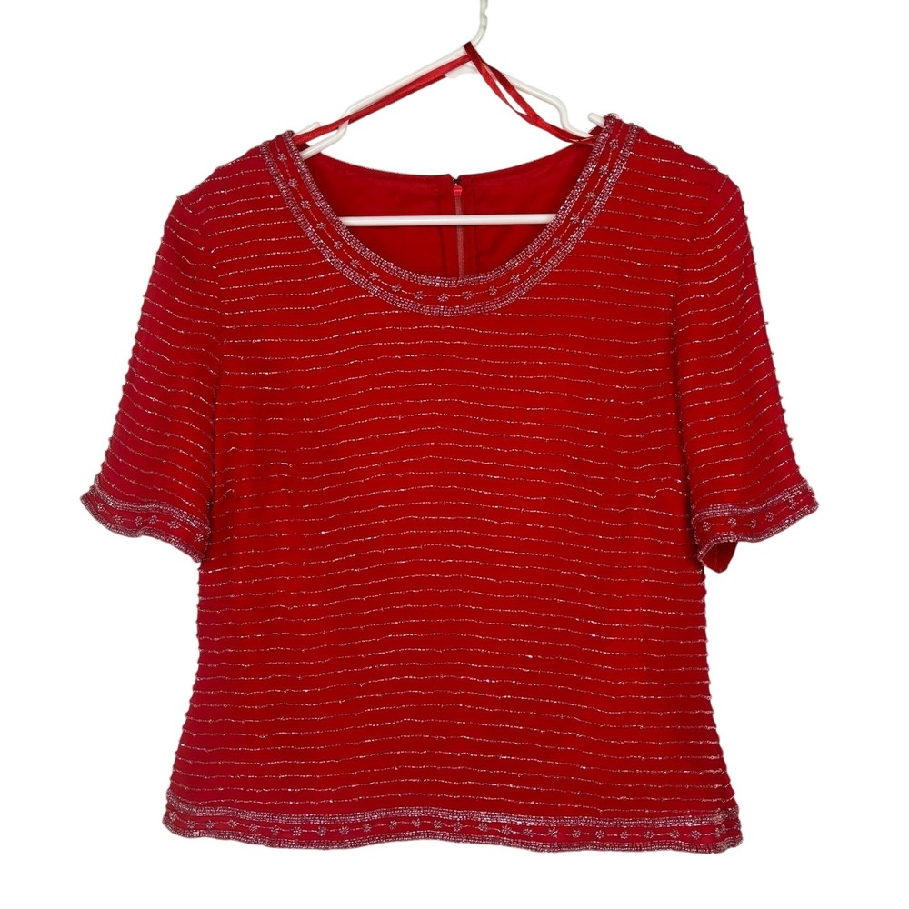 Vintage Red 100% Silk Beaded Evening Top Short Sleeve Sequin Blouse Medium